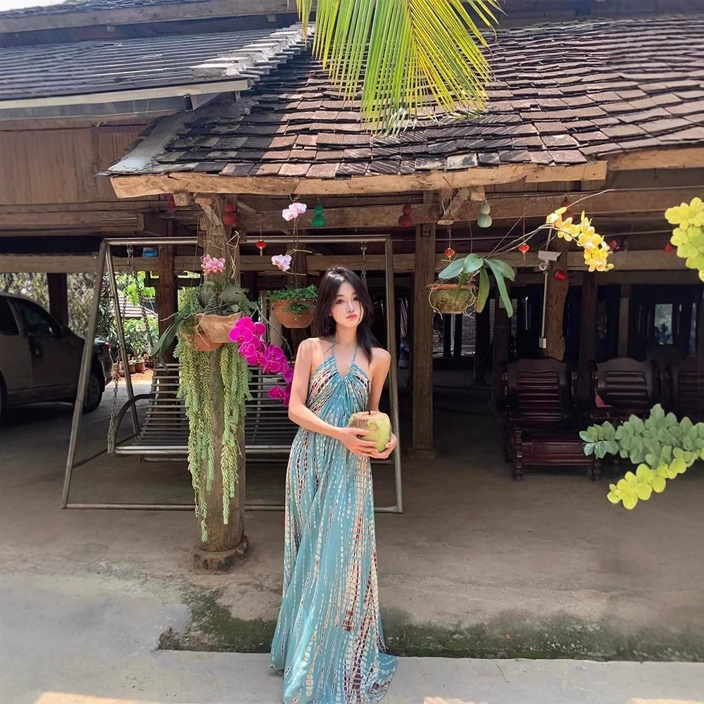 Сишуанбаньна тайское ретро богемное платье с подтяжками женское сексуальное пляжное платье с открытой спиной