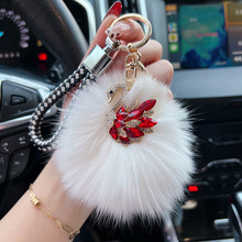 时尚水晶天鹅钥匙扣狐狸毛皮草包包挂件女性汽车钥匙链包个性挂饰