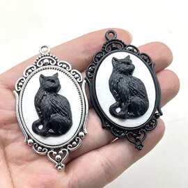 30x40mm热销哥特式黑猫镀银框架卡梅奥吊坠饰品魅力配件万圣节DIY