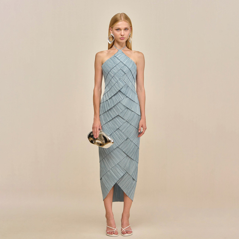 Cross-Border Evening Dress, Sleeveless Backless Dress, Pleated Layered Design Halterneck Long Dress
