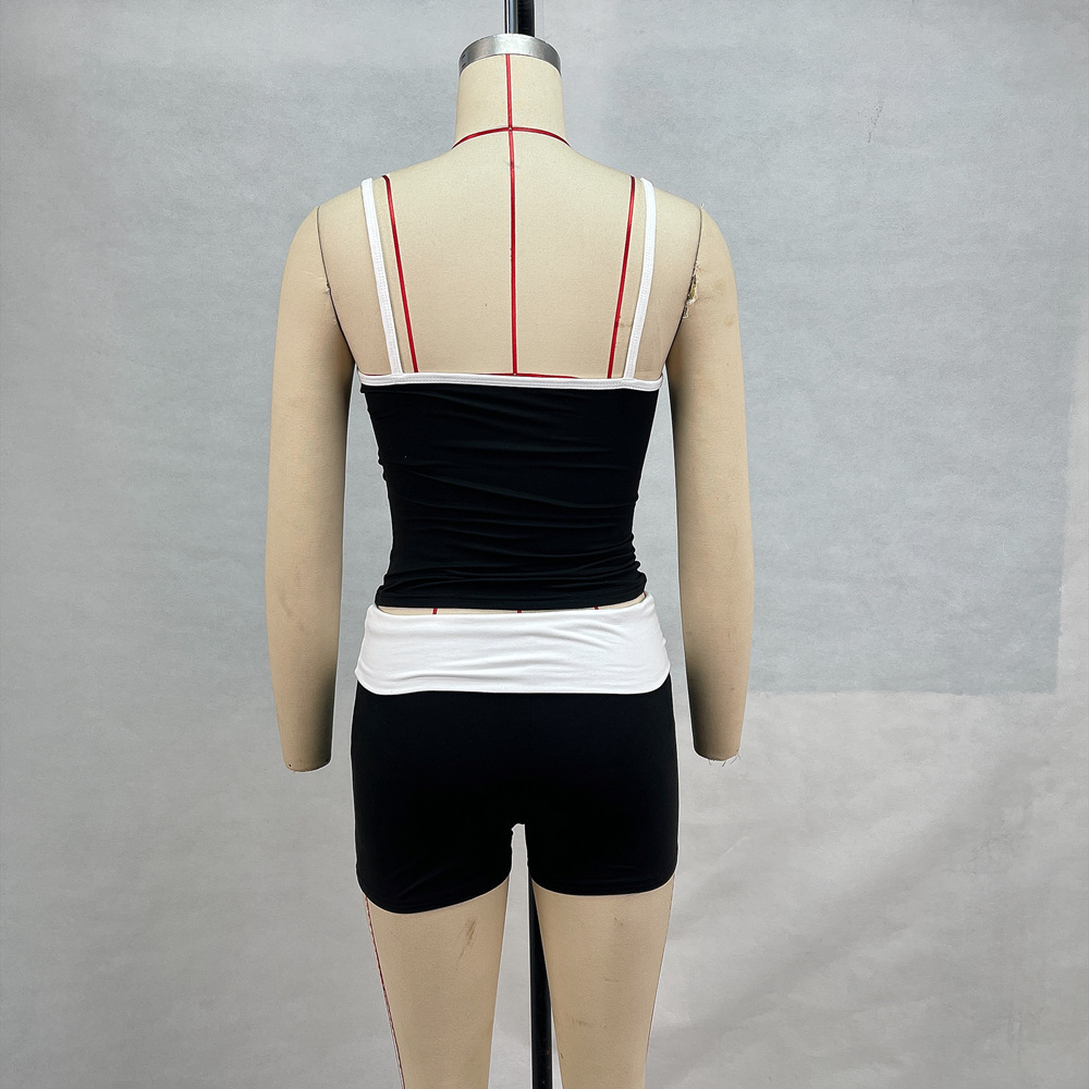 2026 New Personalized Street Women's Color Matching Vest And Shorts Set Sports And Leisure Wear Slim Fit_ecoleips.com