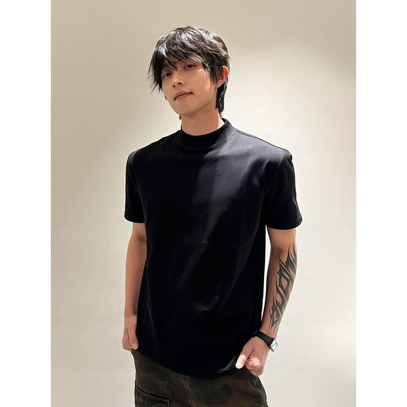Black Small-Neckline Padded-Shoulder Short-Sleeve Men's Summer High-End Stylish T-Shirt with Clean Fit and Heavy-Duty Five-Quarter Sleeves Black Small-Neckline Padded-Shoulder Short-Sleeve Men's Summer High-End Stylish T-Shirt with Clean Fit and Heavy-Duty Five-Quarter Sleeves