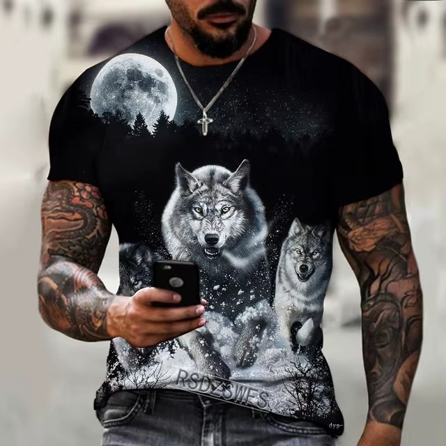2024 moda casual suelto cuello redondo manga corta transpirable camiseta de hombre personalidad lobo malvado spot de impresión digital 3D