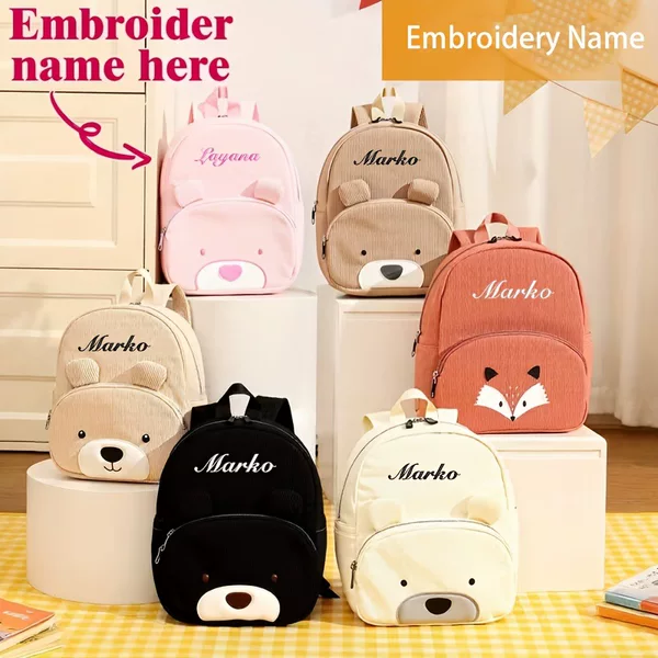 Etsy Embroidered Cute Bear Backpack Corduroy Student School Bag Large Capacity Backpack Cartoon Lightweight and Wear-Resistant