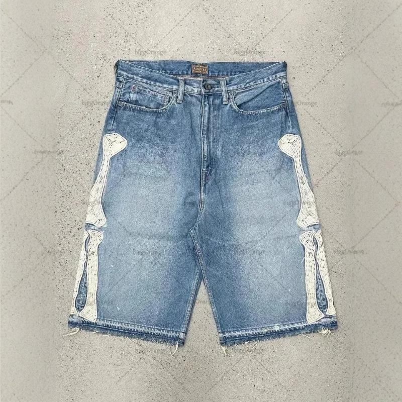 跨境欧美潮牌刺绣五分牛仔短裤男高街复古骨头刺绣宽松休闲中裤