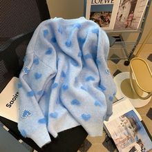 奶黄色爱心钉珠毛衣女秋冬季保暖加厚套头高中初中学生打底针织衫