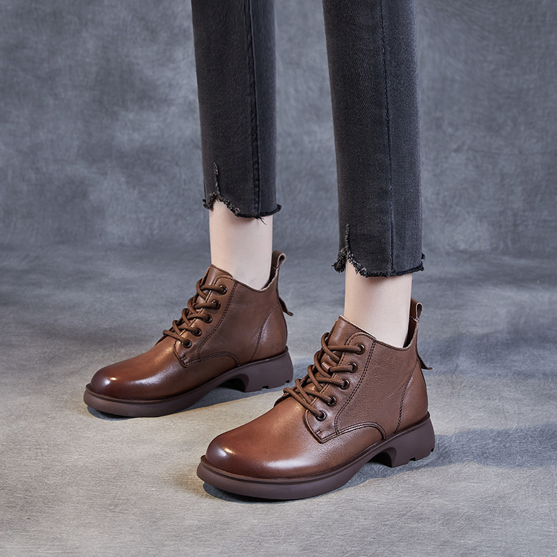 2025 Autumn/Winter New Genuine Leather Retro British Martin Boots V-Cut Lace-Up Ankle Boots Slim Boots Women's Boots