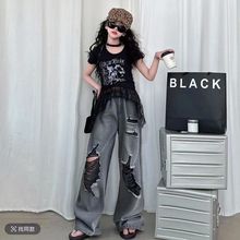 女童短袖T恤夏季破洞2025薄款牛仔裤新款蕾丝休闲套装儿童两件套