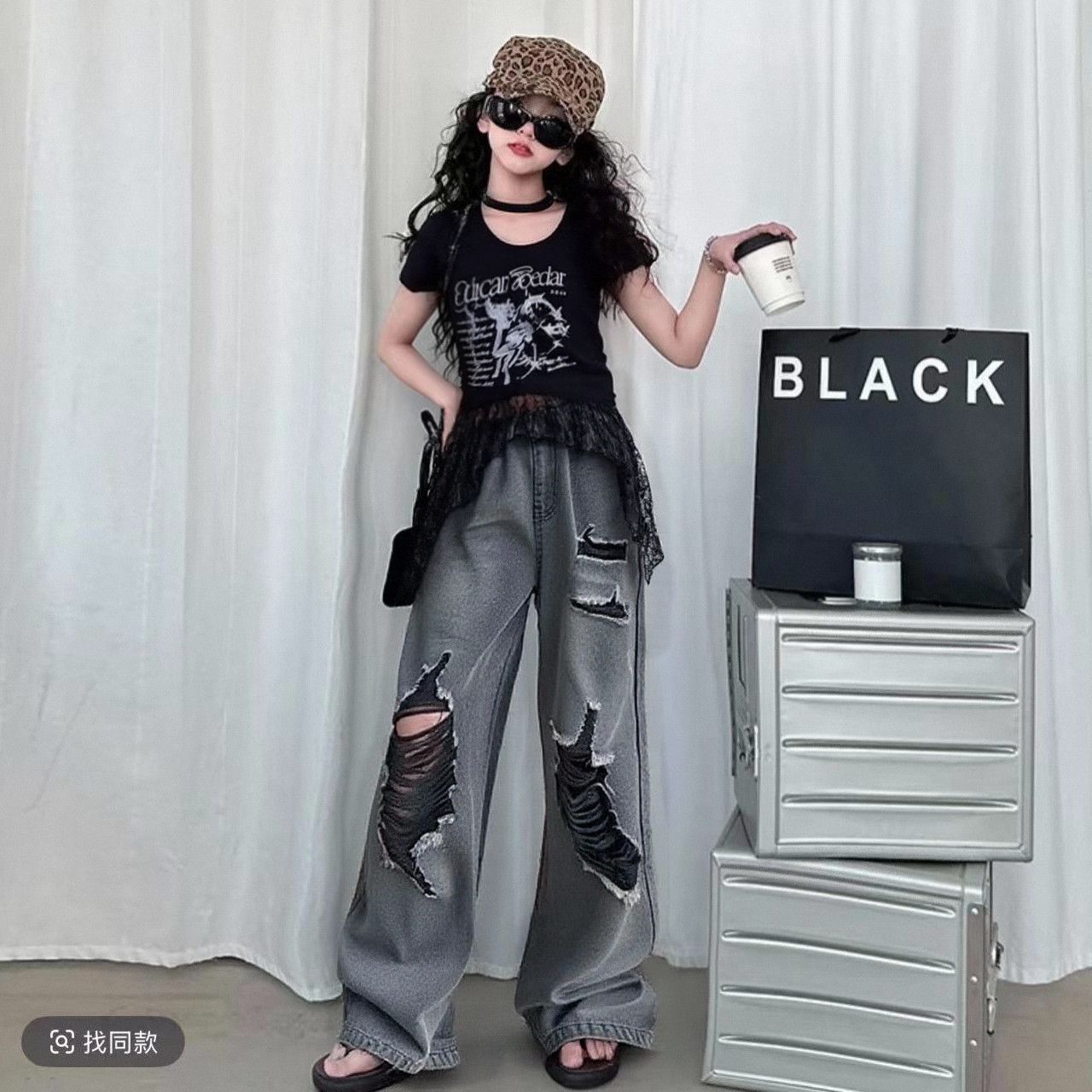 女童短袖T恤夏季破洞2025薄款牛仔裤新款蕾丝休闲套装儿童两件套