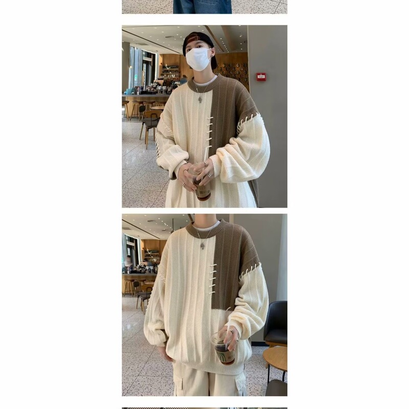 拼接撞色毛衣男生秋冬季潮牌宽松休闲韩版慵懒风设计感套头针织衫|undefined