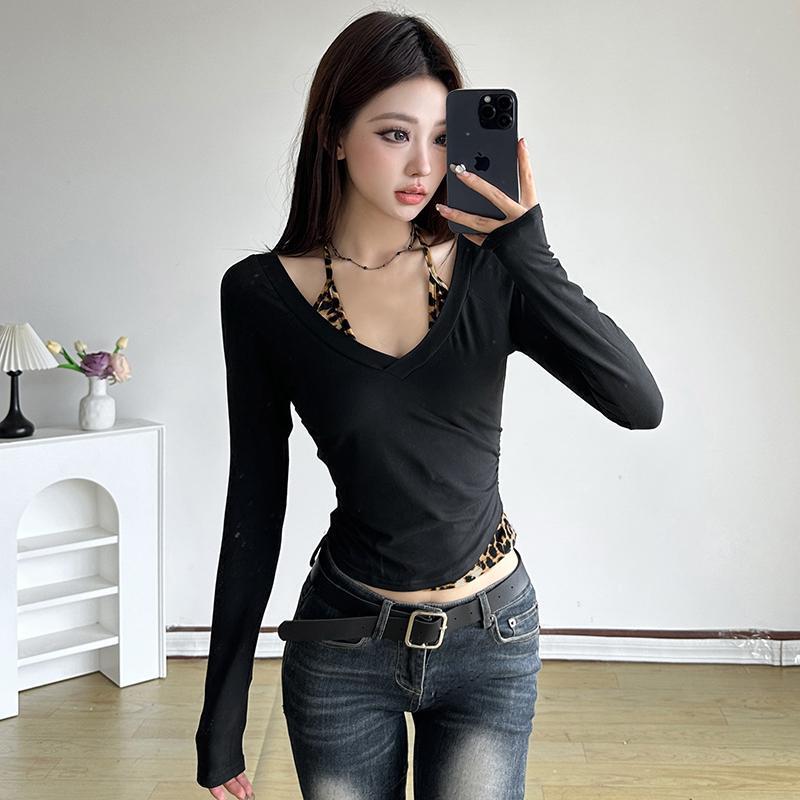 Official Picture and Real Price French Pure Lust Sexy Long-Sleeved Top Leopard Print Lace-Up Halterneck Off-Shoulder T-Shirt Bottoming Shirt for Women
