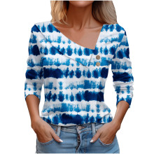 源头厂家欧美跨境亚马逊速卖通爆款女装上衣t恤长袖V领波浪条纹印