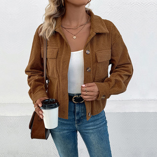 Temu Cross-Border New Product 2025 Autum European and American Casual Women's Cardigan Textured Lapel Corduroy Jacket for Women