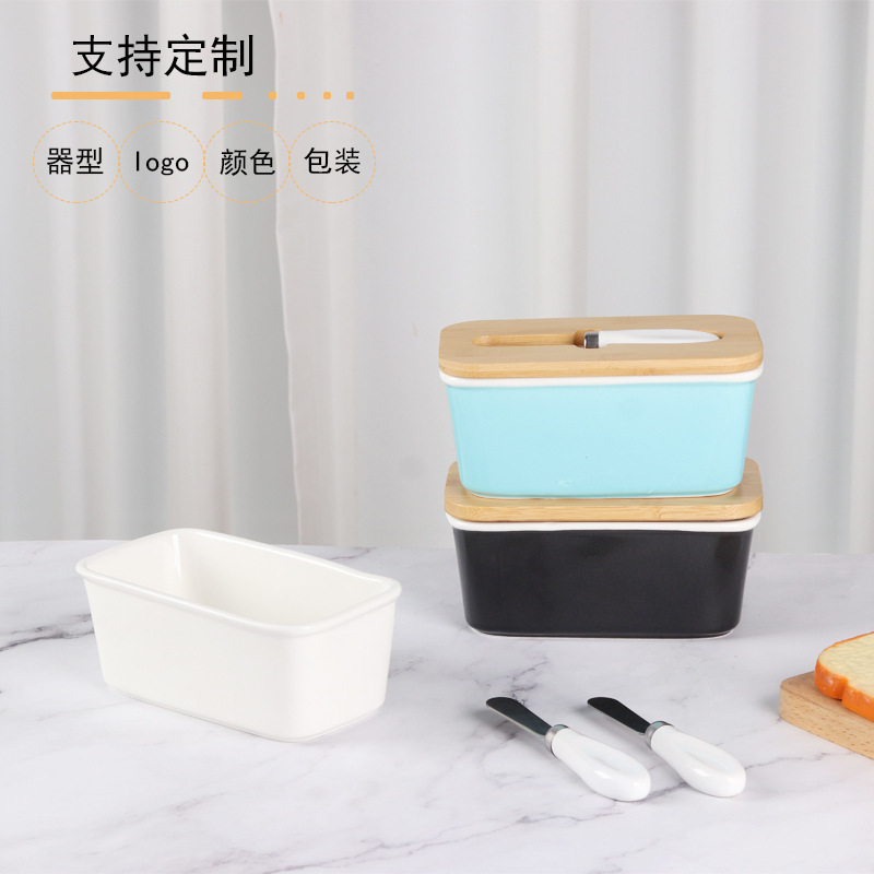 国境を越えたアマゾンTemuの新しいセラミックバター皿チーズ貯蔵タンク家庭用バター箱木蓋付きバターナイフ|undefined