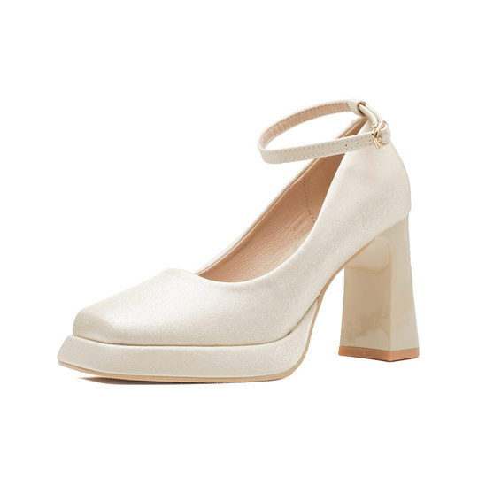 White Platform High Heels Women's Thick Heel Mary Jane Satin Square Heel Bridal Shoes Wedding Shoes Wedding Shoes