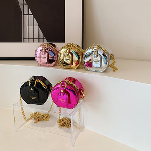 Korean Style New Children's Chain Bag Boys and Girls Shoulder Bag Fashionable Cool Patent Leather Bright-faced Round Cake Mini Kids Crossbody Bag