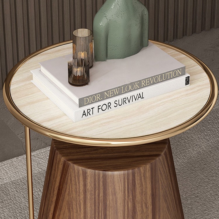 Mesa lateral de losa de roca de lujo ligero, sofá de sala de estar, esquina móvil redonda minimalista, diseño de cabecera, mesa de centro pequeña de nogal