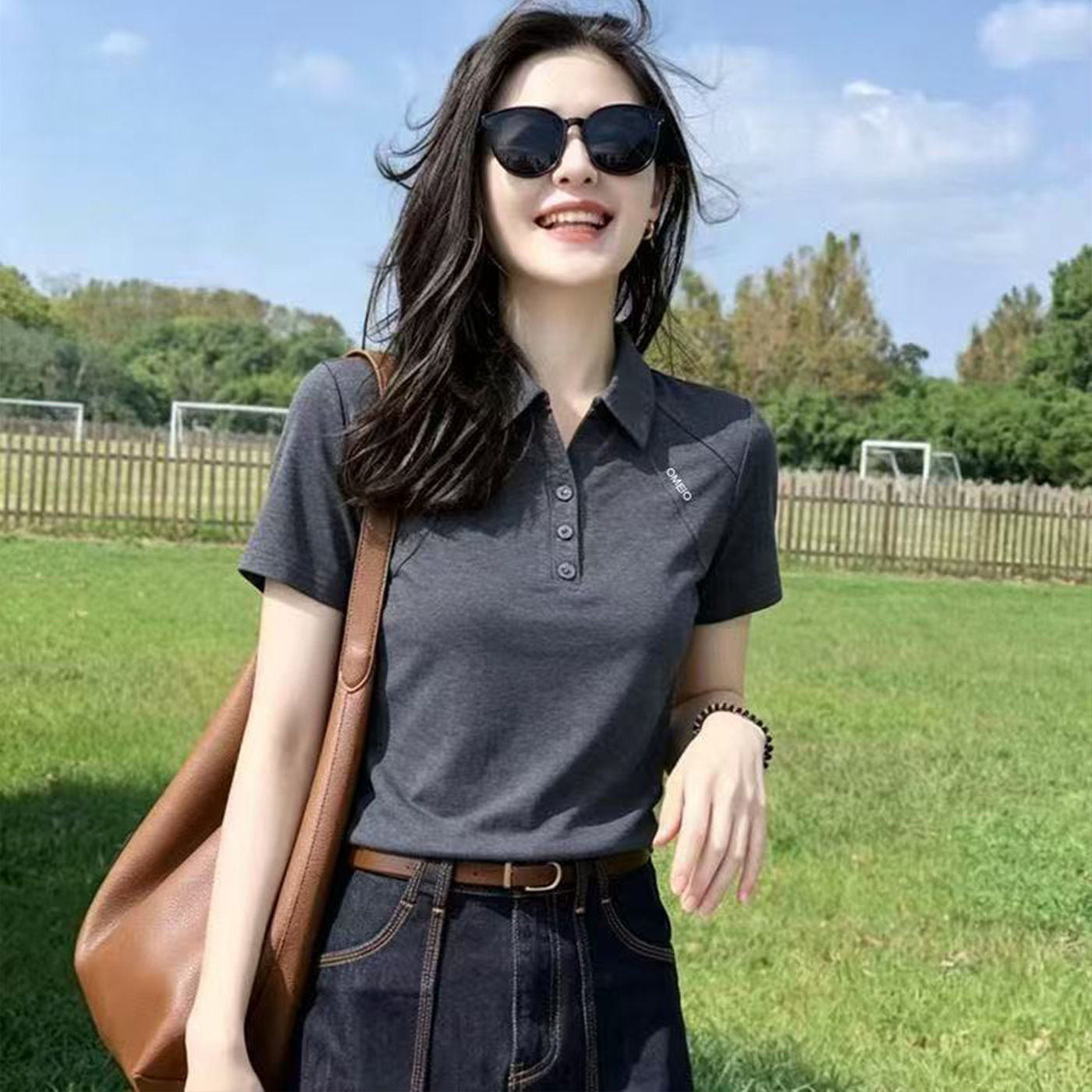 Pure Cotton Short-Sleeved Shirt for Women 2026 Summer Korean Style Retro Simple Polo Collar Design Versatile Right-Shoulder Top