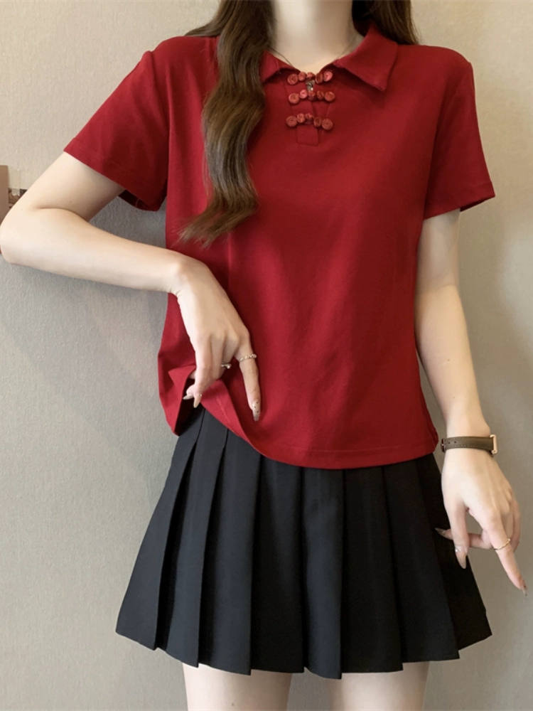 Новая красная женская футболка с короткими рукавами в китайском стиле, летняя, больших размеров, для похудения, обычные плечи, воротник-поло, базовый топ-рубашка.