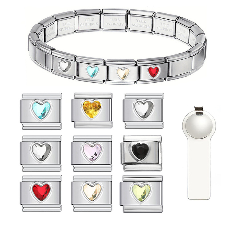 Aliexpress Heart-Shaped Rhinestone Italian Module Bracelet Personalized 304 Stainless Steel Elastic Splicing Stamping DIY Accessories