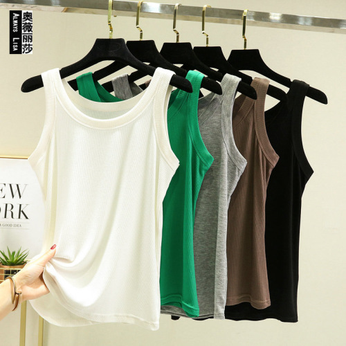 U-neck ribbed strap top women's outerwear  summer new slimming versatile sleeveless low neck t-shirt anti-flashback vest 