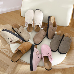 博肯鞋厚底牛皮牛反絨包頭半拖鞋外穿2024新新款矮個子增高5公分