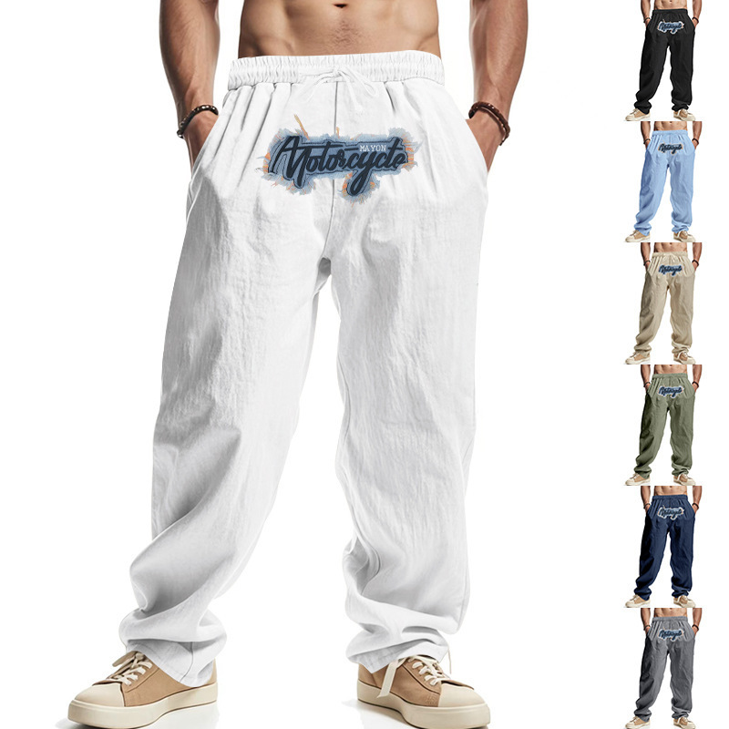 American-style Cross-border Men's Linen Loose Wide-leg Hip-hop High Street Fashionable Washed Embroidered Jogging Casual Sports Trousers