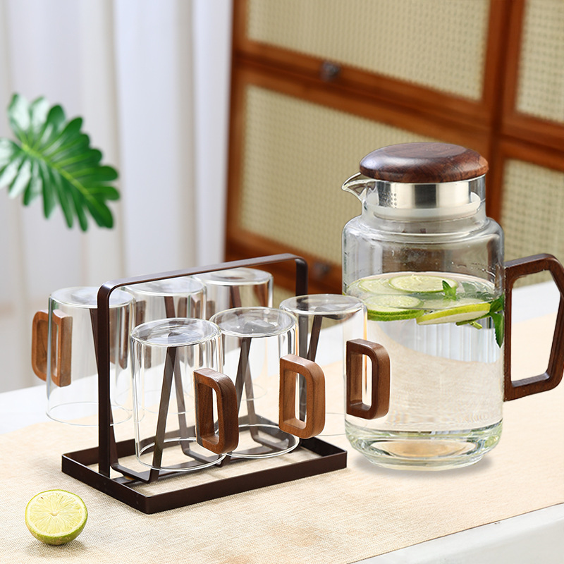 Botella de agua fría de vidrio, taza de agua, olla fría de madera de vidrio para el hogar, olla de té retro resistente al calor, taza de té, juego de agua image 15