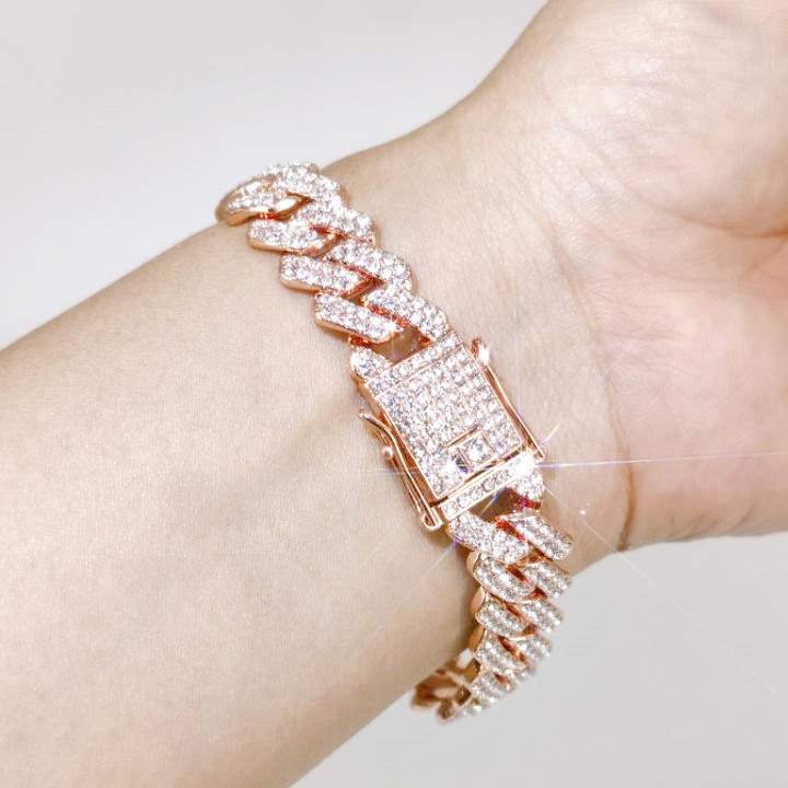 Łańcuch kubański ze stopu metali z bransoletą 14 mm, pełen diamentów, męski i damski naszyjnik w stylu hip-hopowym_voghion.com