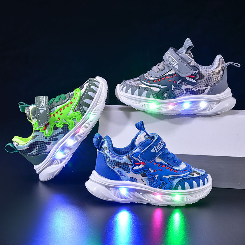 2025 Spring New Cartoon Boys Dinosaur Sneakers Small and Medium-Sized Children Leather Daddy Shoes Wholesale Baby Light Shoes Trendy