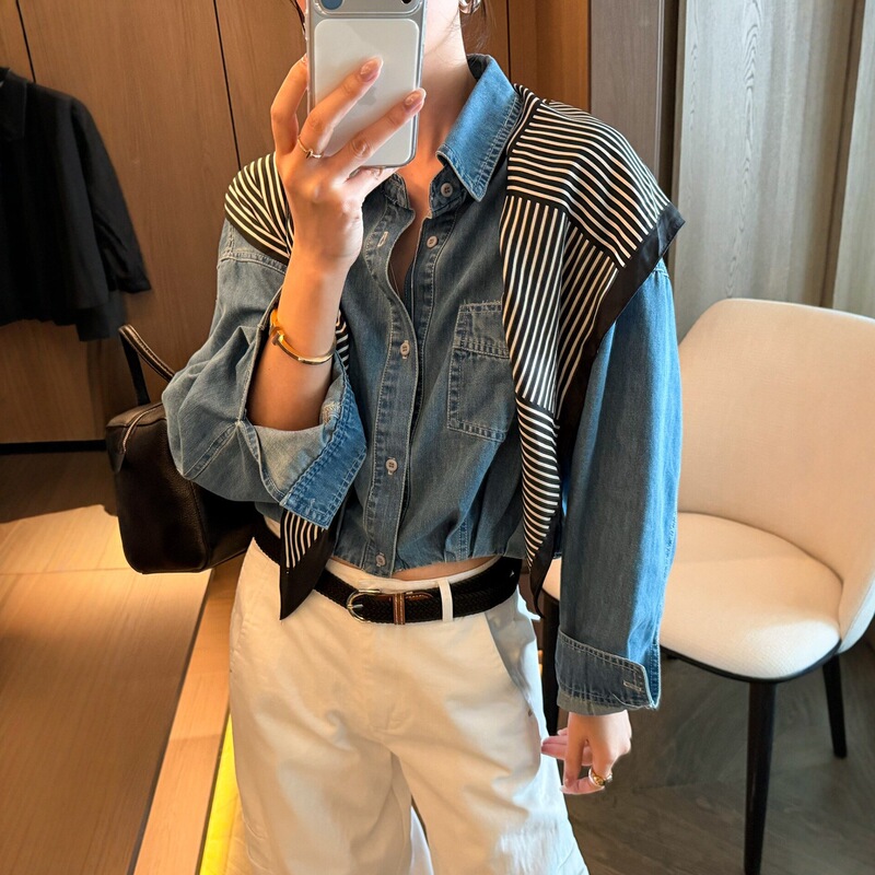 Denim Shirt with Shawl Collar for Women, European Style, 2026 Spring New Fashion, Trendy and Stylish Blouse Denim Shirt with Shawl Collar for Women, European Style, 2026 Spring New Fashion, Trendy and Stylish Blouse