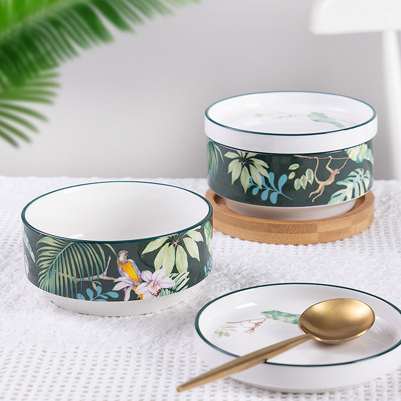 Songfa Porcelain Tropical Rainforest Pattern Ceramic Round Lid Cup Series Bowls and Plates Rice Bowls Noodle Bowls Tableware High-Value Set