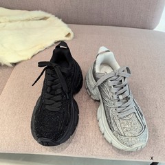 欧洲站XJ女鞋25秋冬时尚软磨砂牛皮烫钻系带休闲款老爹鞋慢跑钻鞋