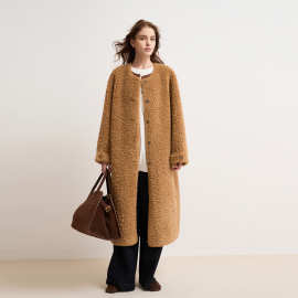 2025冬环保羊羔毛大衣慵懒宽松圆领中长款皮毛一体纯色毛毛外套女