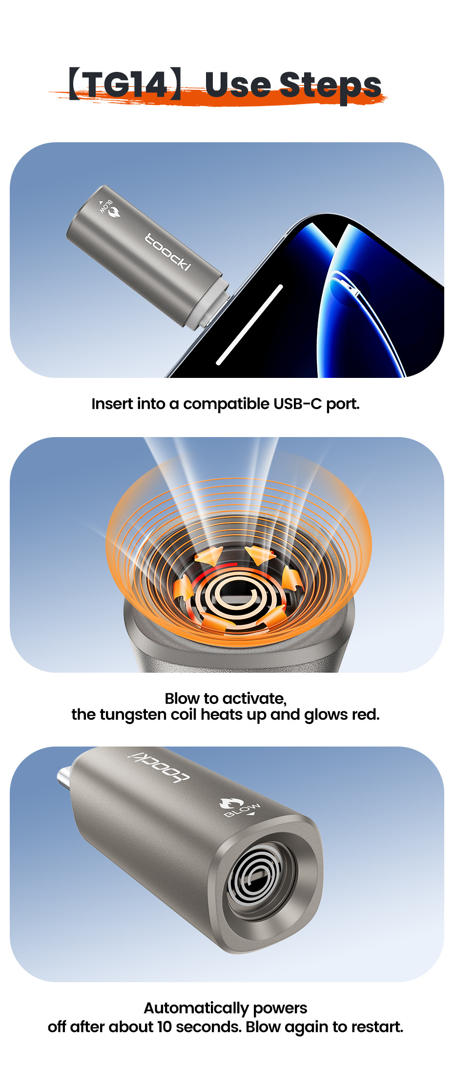 Toocki Portable Mini Igniter Outdoor Camping Emergency Lighter with External Type-C Plug-In for Car Use