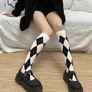rhombic calf socks women's autumn and winter checkered socks online popular academic style stockings and knee over knee socks spring and summer