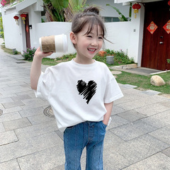 2023新款女童%100純棉短袖兒童洋氣圓領T恤寶寶韓版愛心白色上衣