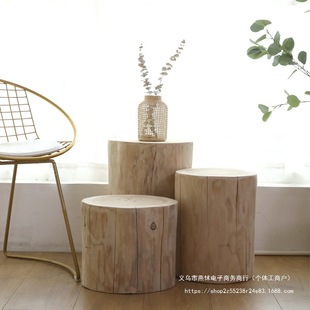 Nordic Solid Wood Round Stool, Log Tree Stump Ornament, Root Carving Stool, Wooden Stool for Changing Shoes, Living Room Wooden Coffee Table