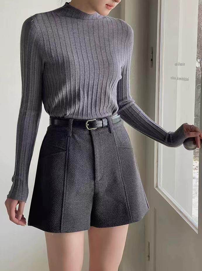 Quần short len cạp cao nữ dáng thẳng, phong cách thời thượng — Màu xám đậm (len nâng cấp), Màu đen (len nâng cấp) chi tiết 19