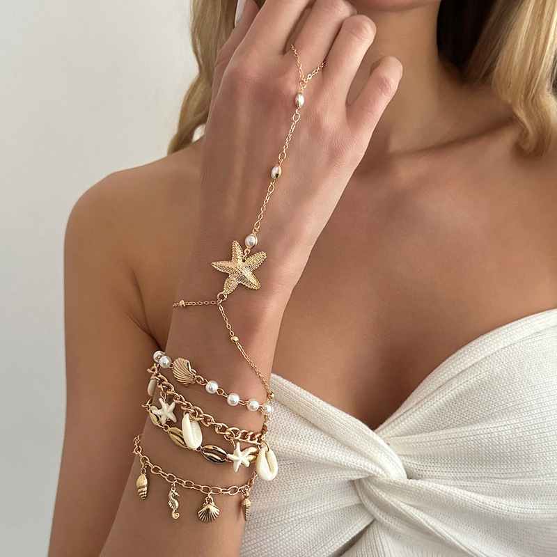 European and American Cross-Border Vacation Style Starfish Shell Pendant Bracelet Ocean-Themed Imitation Pearl Chain Wrist Chain for Women