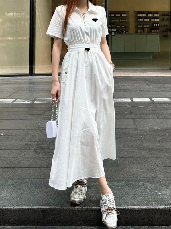 【深圳南油】夏收腰显瘦百搭休闲时尚气质女款翻领短袖抽绳连衣裙|undefined