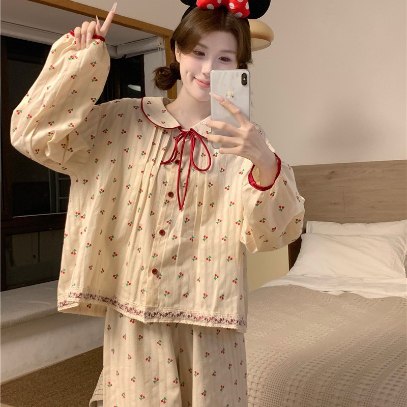달콤한 파자마 여성의 신선한 인형 칼라 느슨한 귀여운 체리 레이스 한국 스타일 봄과 가을 의상 홈 의류 세트