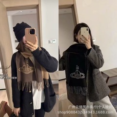 高品质经典小土星羊毛围巾女西太后黑白双面刺绣提花流苏羊绒披肩
