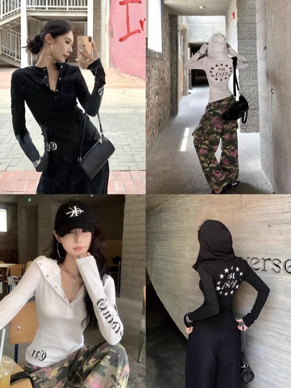美式街头连帽长袖t恤女夏季薄款朋克防晒罩衫修身显瘦黑色上衣tee|undefined