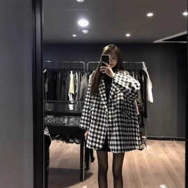 复合毛呢千鸟格子外套女秋冬季新款韩版宽松休闲加厚中长款大衣女