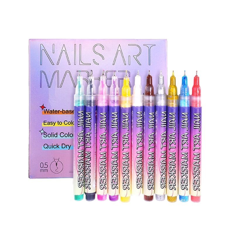New Cross-Border 12-Color Nail Art Pens 0.5mm Ultra-Fine Drawing Pens DIY Graffiti Painting Nail Art Pen Set Customization