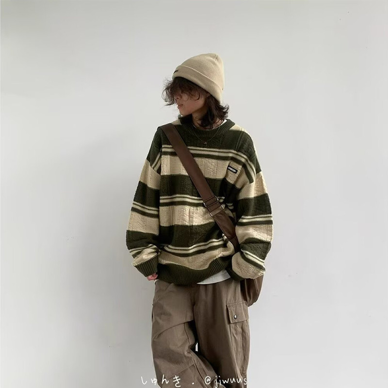 Japanese Color Contrast Stripe Crewneck Sweater Boys Autumn and Winter Loose Fashionable Lazy Style Pullover Couple's Sweater