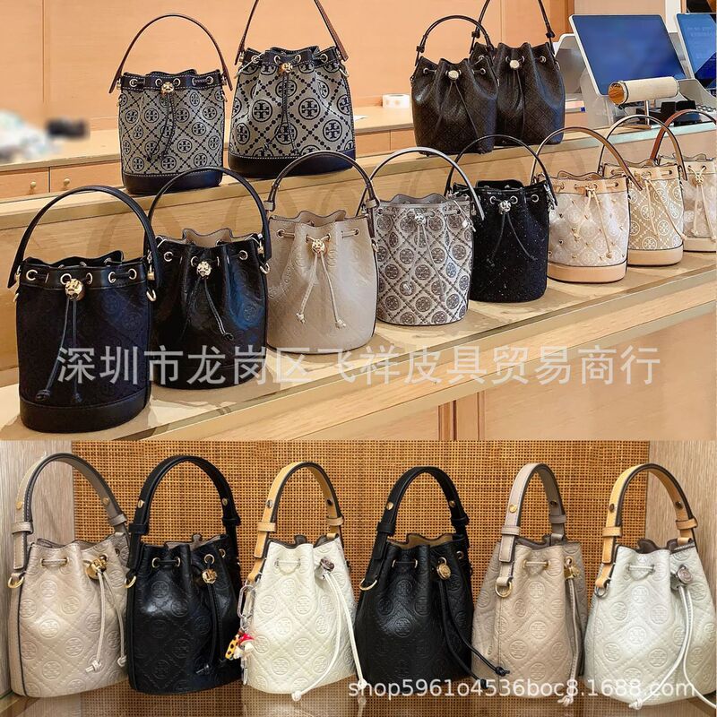 Foreign Trade Japanese and Korean Tb Canvas Fabric Deformed Bucket Bag Trendy Fashion Drawstring Cowhide Embossed Underarm Tote Women's Bag