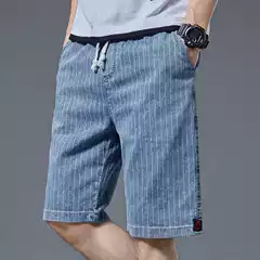 Summer Thin Teenager Striped Denim Shorts Men's Loose Straight Stretch Five-point Casual Pants Boys Pants