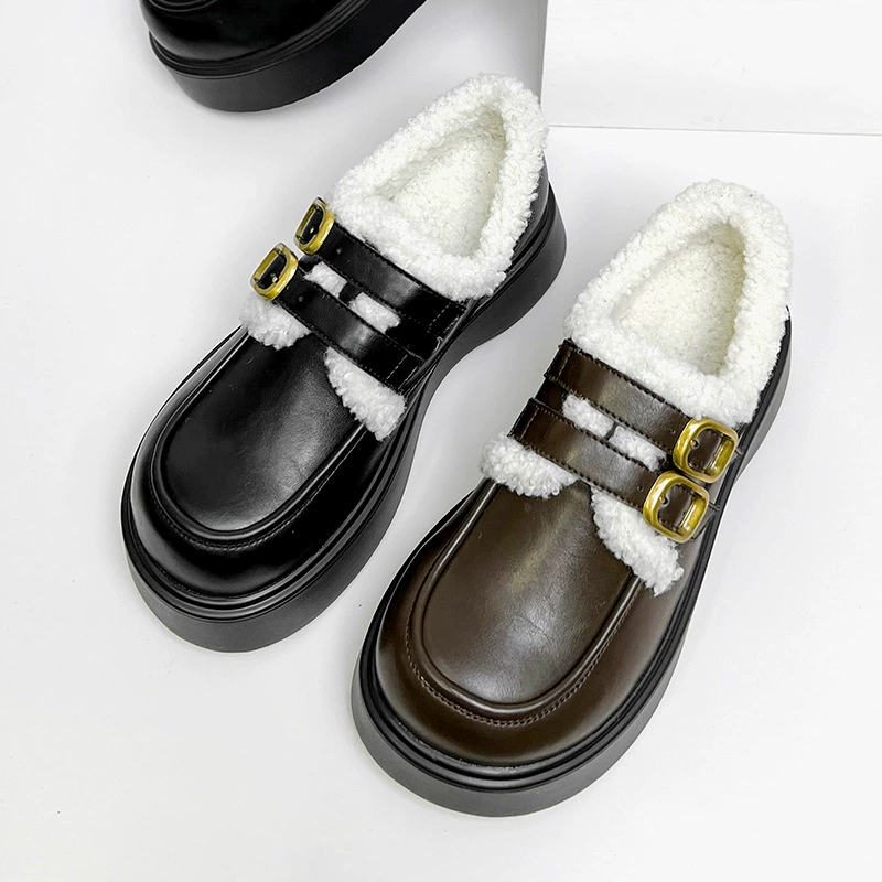 Foot Beauty Power 2023 новые маленькие кожаные туфли на флисовой подкладке, женские туфли на платформе с круглым носком и толстой подошвой в стиле преппи, теплые пушистые туфли